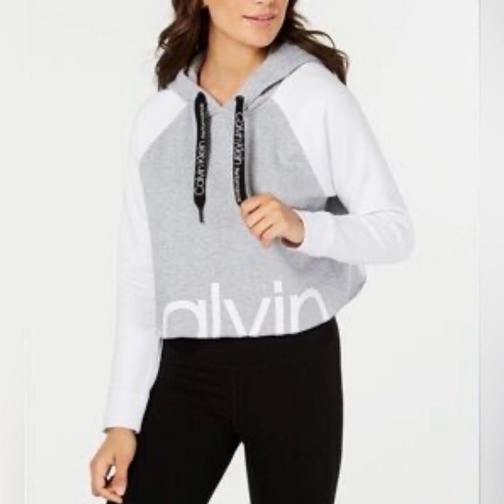 Calvin Klein Cropped Hoodie – Gray & White Colorblock – Size Medium